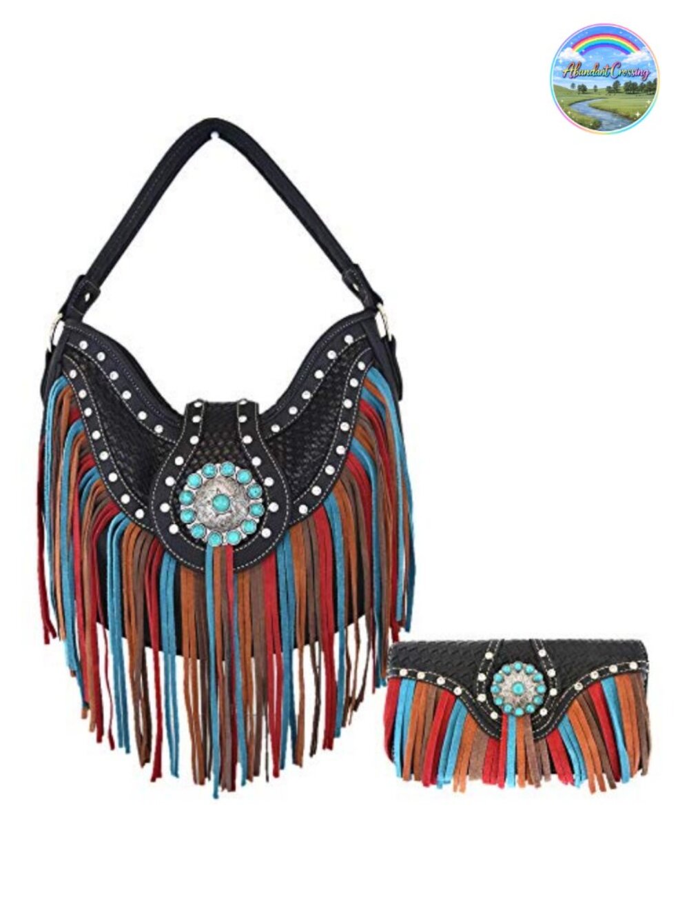 Fringe Conchos Gem Rhinestone Woven Leather Purse Shoulder Bag Wallet Set